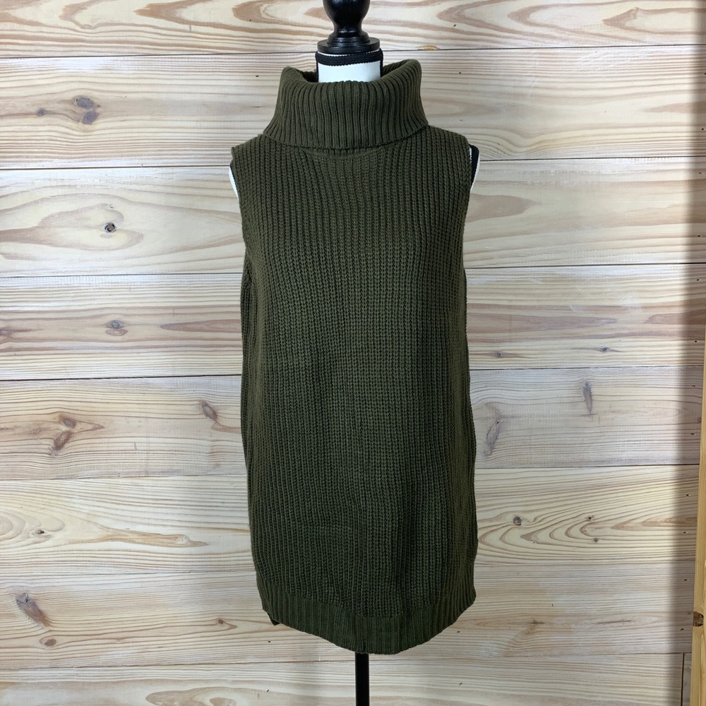 Fab'rik Sleeveless Turtleneck Sweater Women S/M Olive Green Ribbed Knit Longline